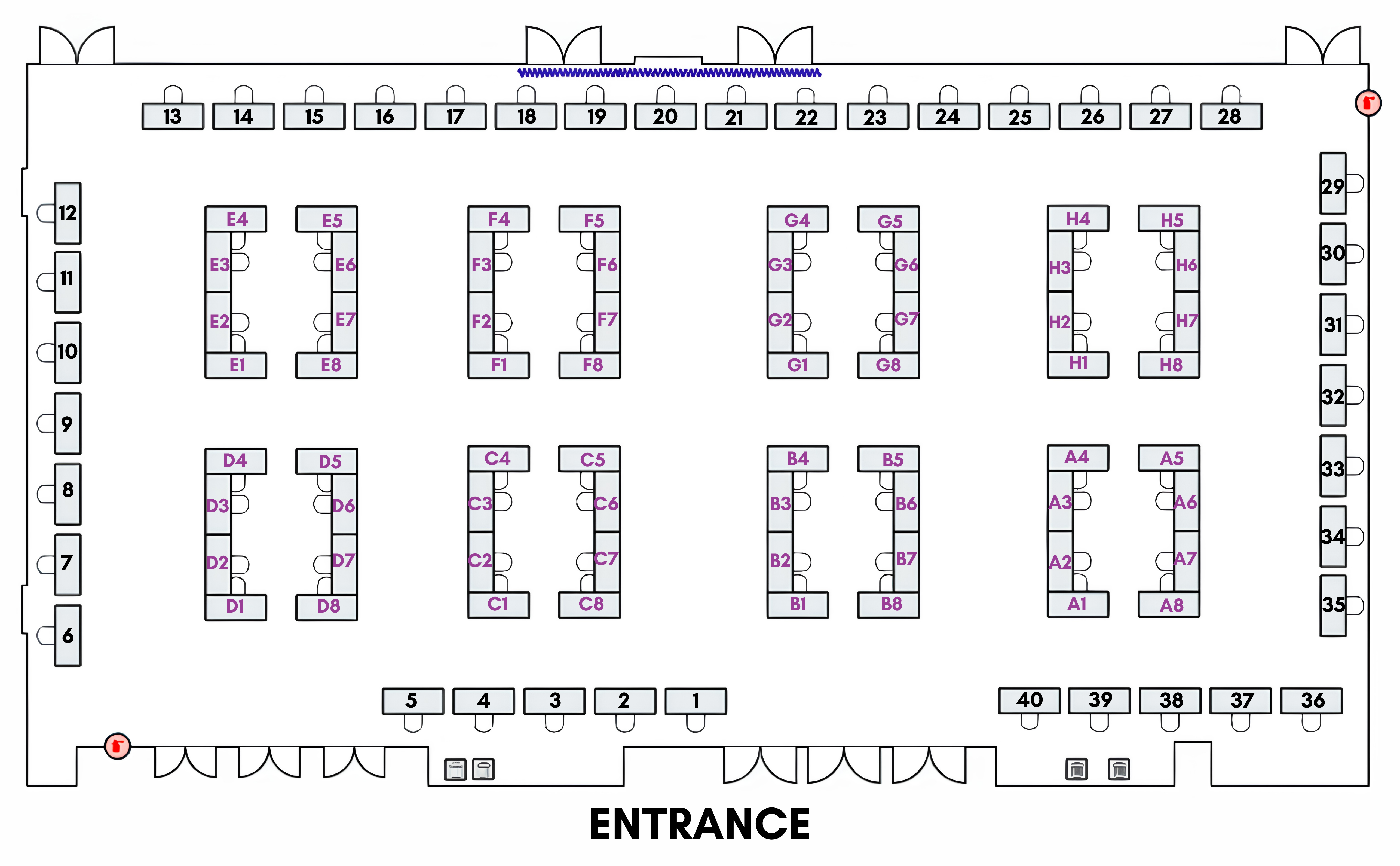 Event floor plan showing entrance, vendor rows, check-in, and rest area