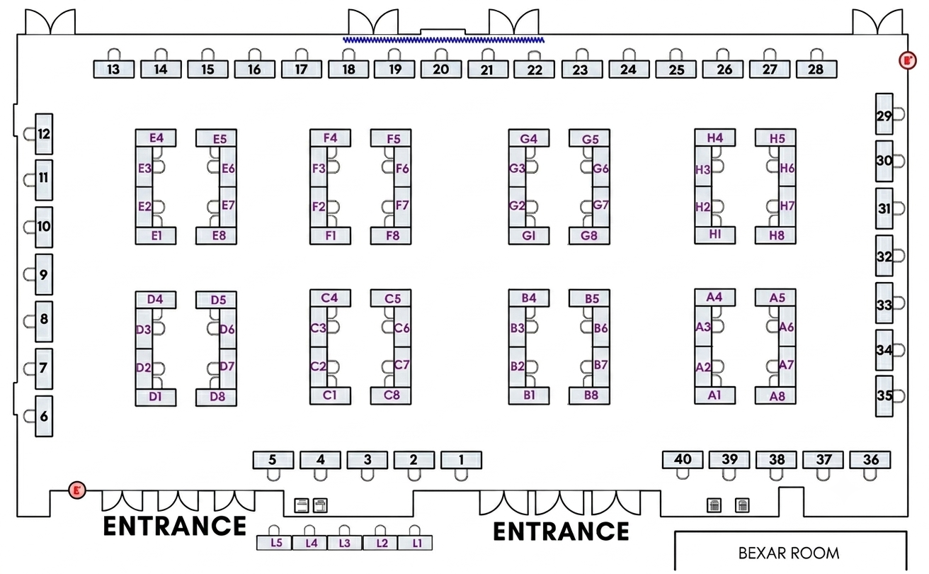 Click to enlarge Event floor plan showing entrance, vendor rows, check-in, and rest area